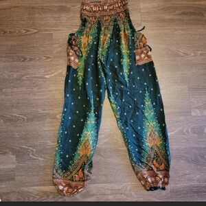 Bohemian Green Peacock Elastic-Waist Harem Pants